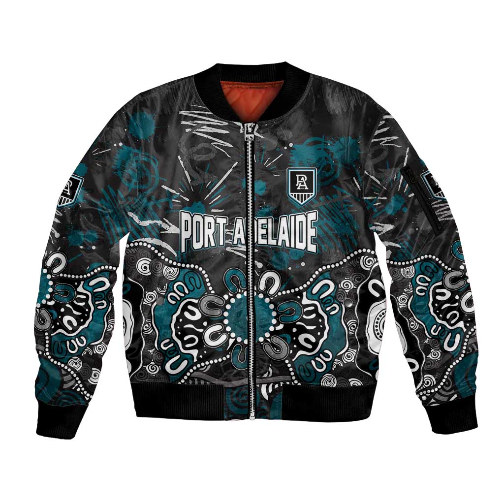 Personalized Port Adelaide Power Sleeve Zip Bomber Jacket Aboriginal Dot Painting Graffiti Style