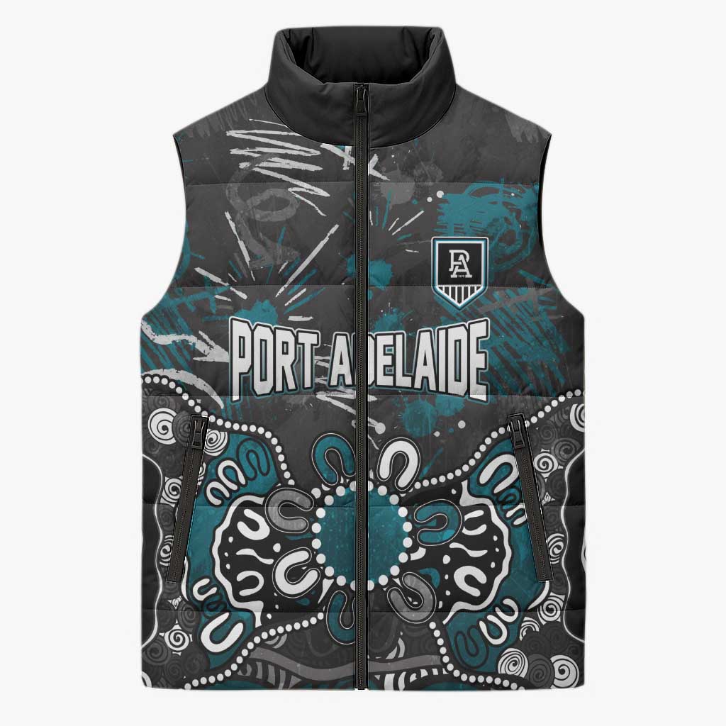 Personalized Port Adelaide Power Sleeveless Puffer Jacket Aboriginal Dot Painting Graffiti Style