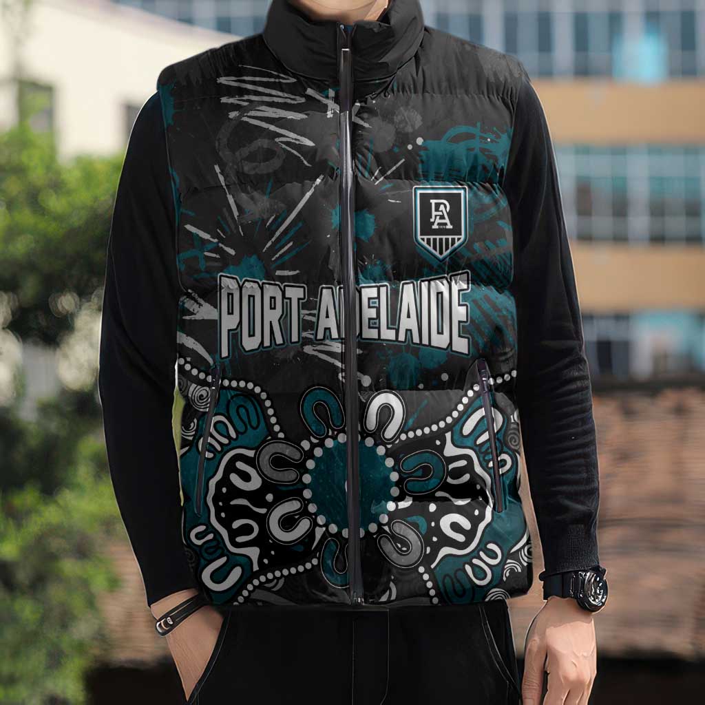 Personalized Port Adelaide Power Sleeveless Puffer Jacket Aboriginal Dot Painting Graffiti Style