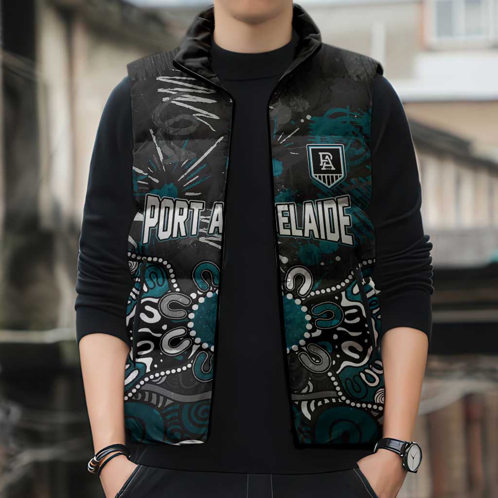 Personalized Port Adelaide Power Sleeveless Puffer Jacket Aboriginal Dot Painting Graffiti Style