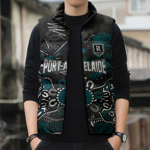 Personalized Port Adelaide Power Sleeveless Puffer Jacket Aboriginal Dot Painting Graffiti Style
