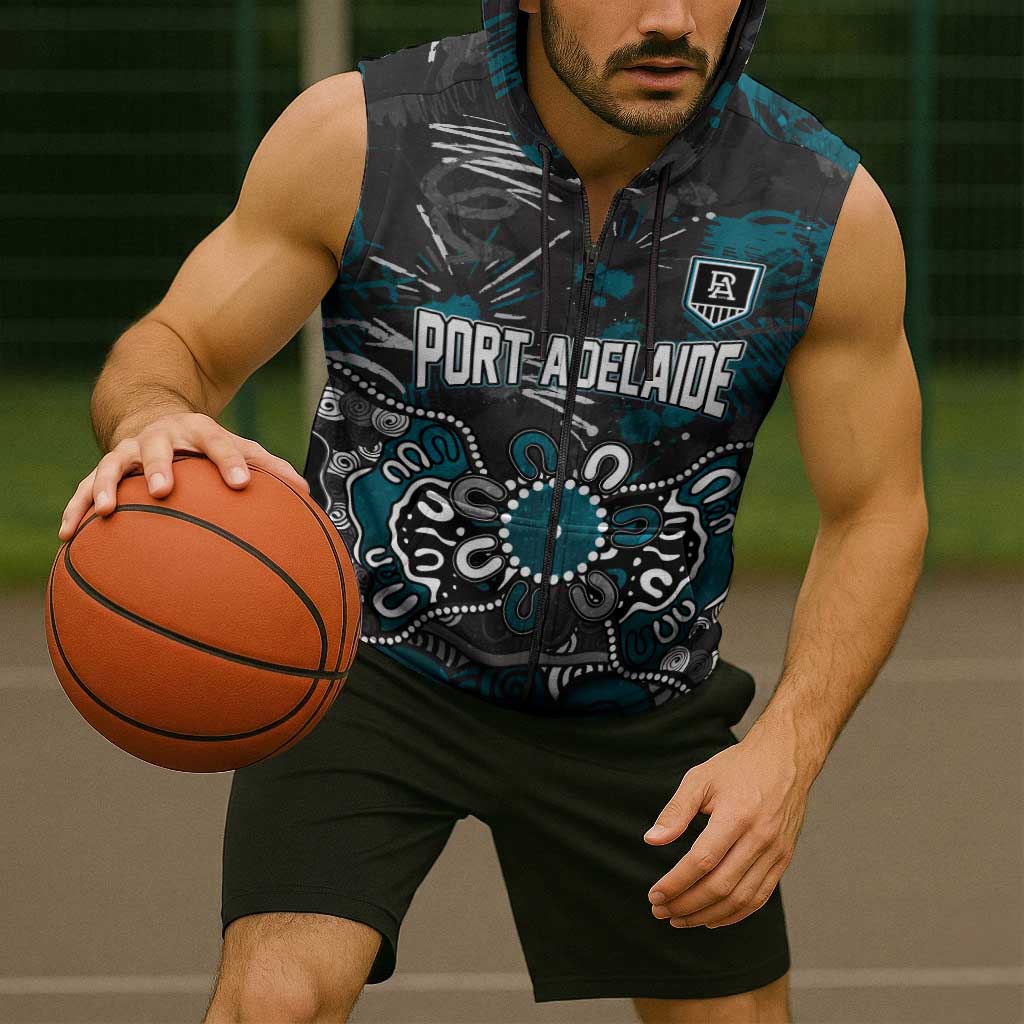 Personalized Port Adelaide Power Sleeveless Zip Hoodie Aboriginal Dot Painting Graffiti Style