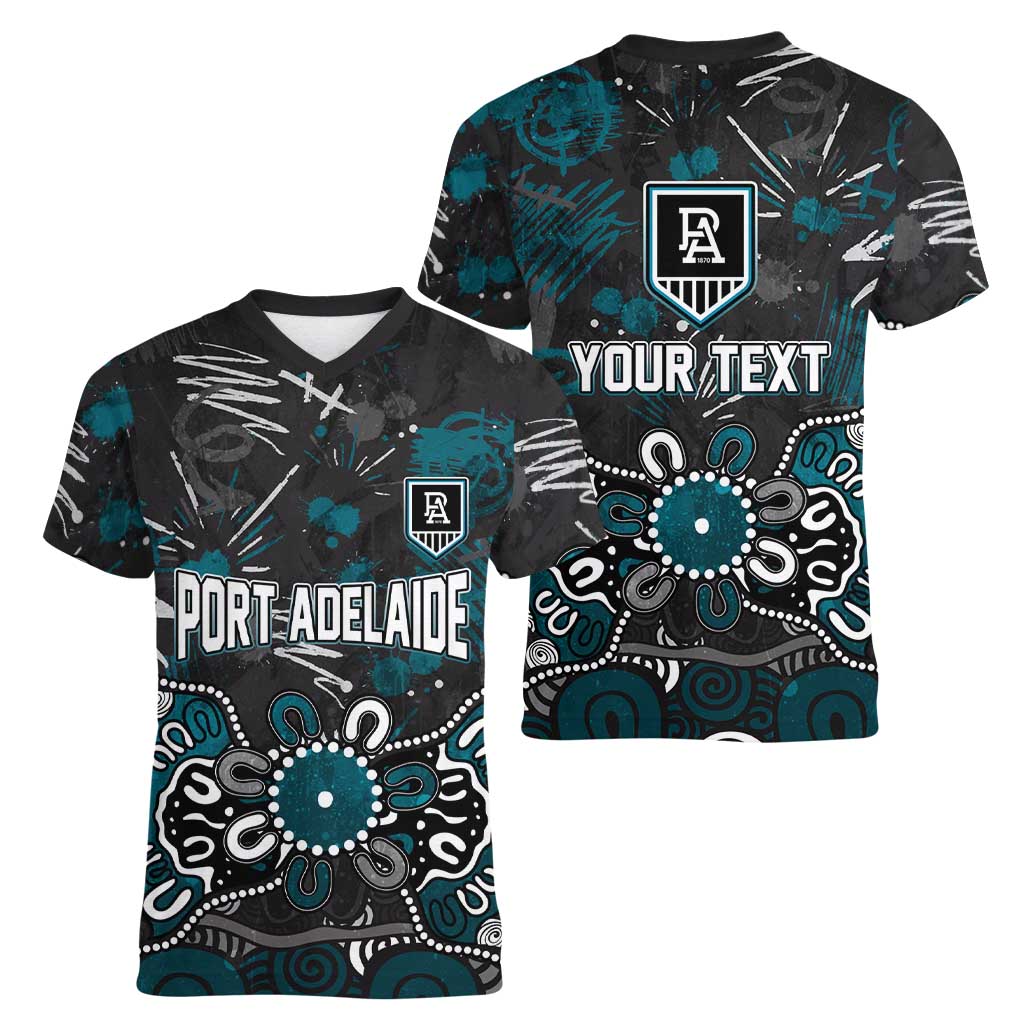 Personalized Port Adelaide Power Women V-Neck T-Shirt Aboriginal Dot Painting Graffiti Style