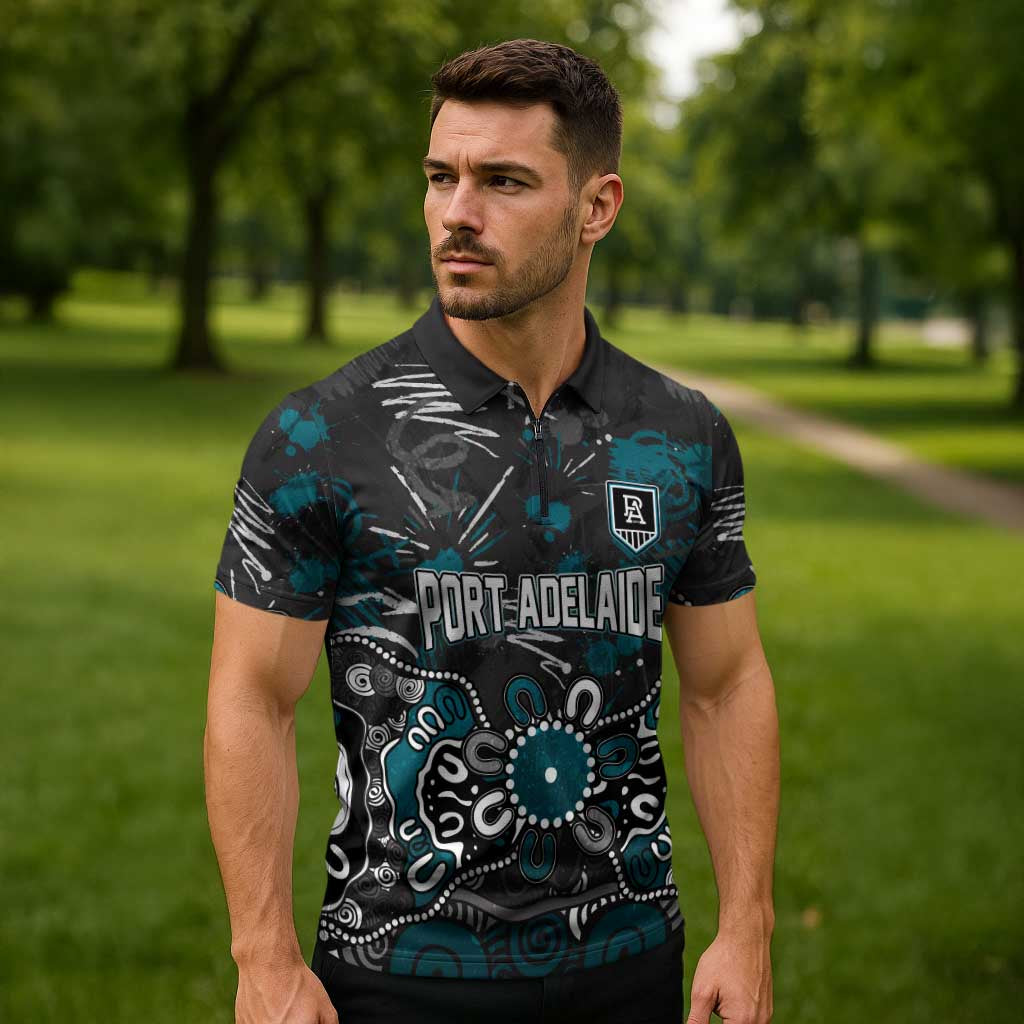 Personalized Port Adelaide Power Zipper Polo Shirt Aboriginal Dot Painting Graffiti Style