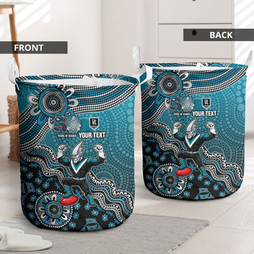 Personalized Port Adelaide Power Mascot Laundry Basket Aboriginal Dot Art Style Vibrant Indigenous Pattern Design