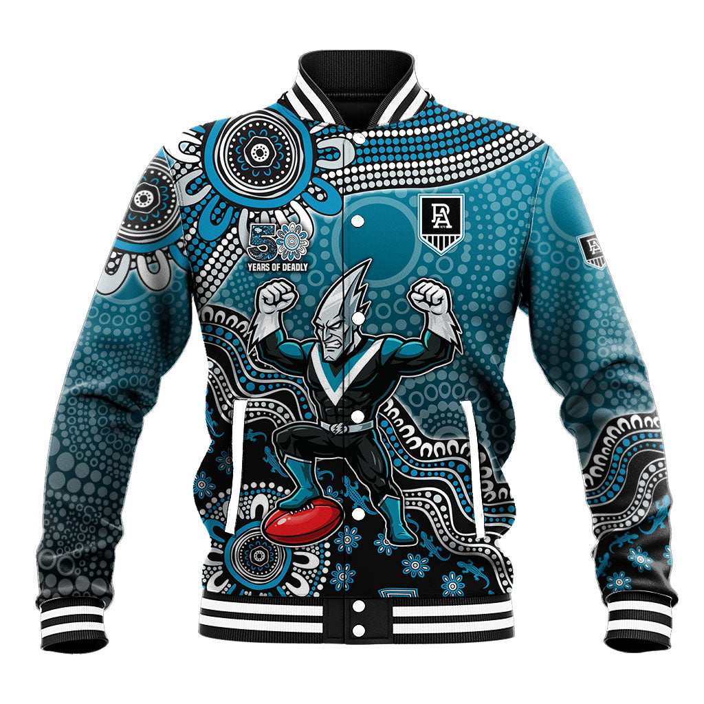 Personalized Port Adelaide Power Mascot Baseball Jacket Aboriginal Dot Art Style Vibrant Indigenous Pattern Design