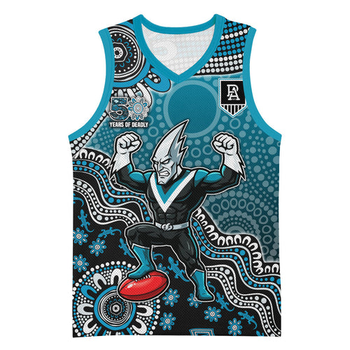 Personalized Port Adelaide Power Mascot Basketball Jersey Aboriginal Dot Art Style Vibrant Indigenous Pattern Design
