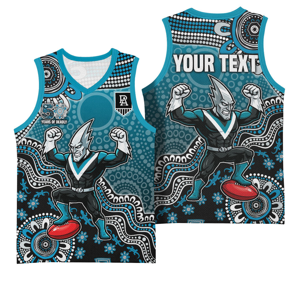 Personalized Port Adelaide Power Mascot Basketball Jersey Aboriginal Dot Art Style Vibrant Indigenous Pattern Design