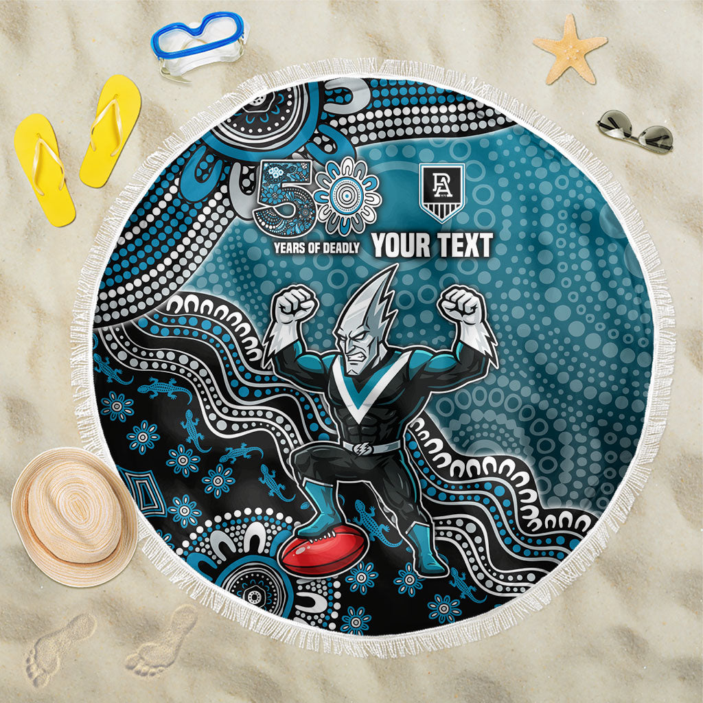 Personalized Port Adelaide Power Mascot Beach Blanket Aboriginal Dot Art Style Vibrant Indigenous Pattern Design
