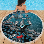 Personalized Port Adelaide Power Mascot Beach Blanket Aboriginal Dot Art Style Vibrant Indigenous Pattern Design