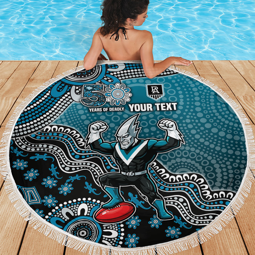 Personalized Port Adelaide Power Mascot Beach Blanket Aboriginal Dot Art Style Vibrant Indigenous Pattern Design