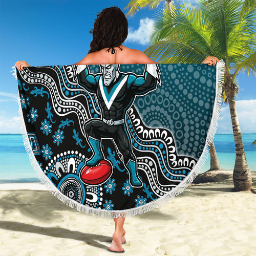 Personalized Port Adelaide Power Mascot Beach Blanket Aboriginal Dot Art Style Vibrant Indigenous Pattern Design