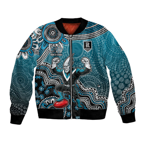 Personalized Port Adelaide Power Mascot Bomber Jacket Aboriginal Dot Art Style Vibrant Indigenous Pattern Design