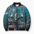 Personalized Port Adelaide Power Mascot Bomber Puffer Jacket Aboriginal Dot Art Style Vibrant Indigenous Pattern Design