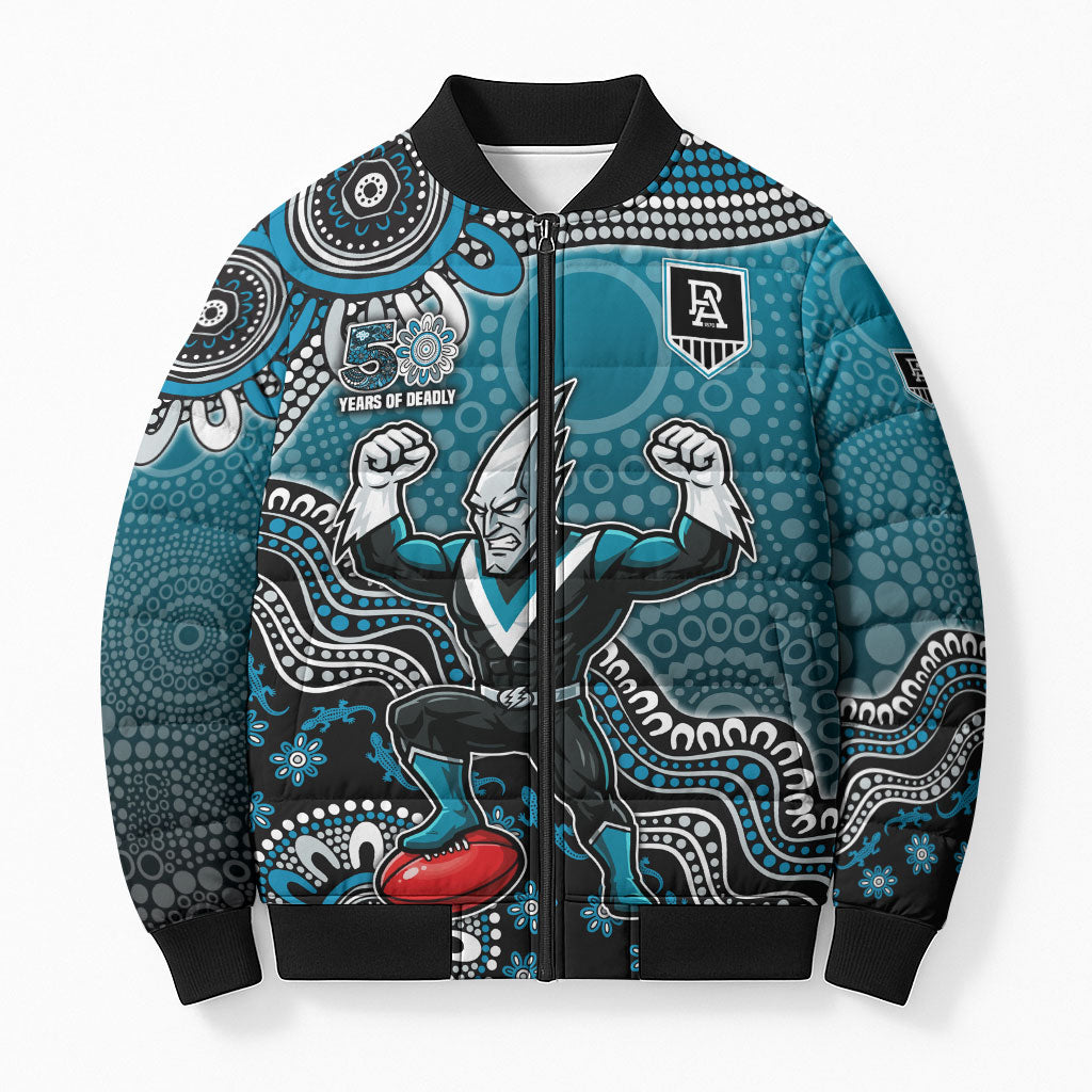 Personalized Port Adelaide Power Mascot Bomber Puffer Jacket Aboriginal Dot Art Style Vibrant Indigenous Pattern Design