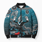 Personalized Port Adelaide Power Mascot Bomber Puffer Jacket Aboriginal Dot Art Style Vibrant Indigenous Pattern Design