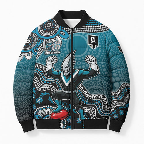 Personalized Port Adelaide Power Mascot Bomber Puffer Jacket Aboriginal Dot Art Style Vibrant Indigenous Pattern Design