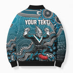 Personalized Port Adelaide Power Mascot Bomber Puffer Jacket Aboriginal Dot Art Style Vibrant Indigenous Pattern Design