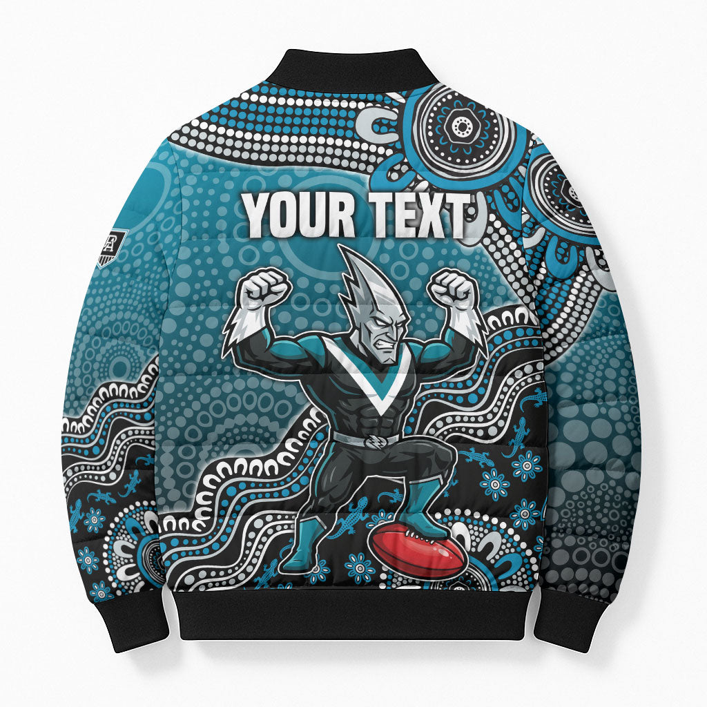 Personalized Port Adelaide Power Mascot Bomber Puffer Jacket Aboriginal Dot Art Style Vibrant Indigenous Pattern Design