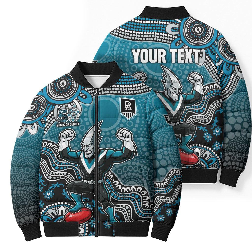 Personalized Port Adelaide Power Mascot Bomber Puffer Jacket Aboriginal Dot Art Style Vibrant Indigenous Pattern Design