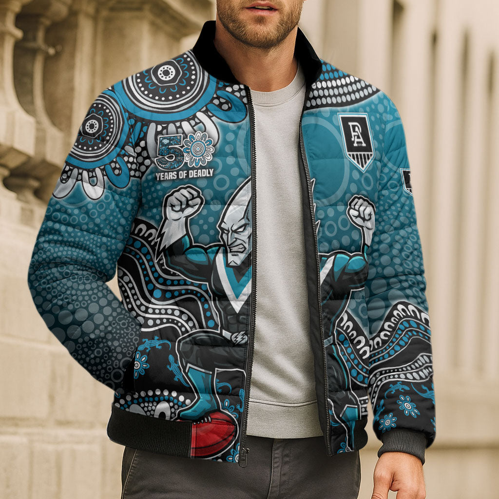 Personalized Port Adelaide Power Mascot Bomber Puffer Jacket Aboriginal Dot Art Style Vibrant Indigenous Pattern Design