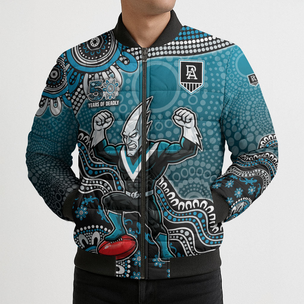 Personalized Port Adelaide Power Mascot Bomber Puffer Jacket Aboriginal Dot Art Style Vibrant Indigenous Pattern Design