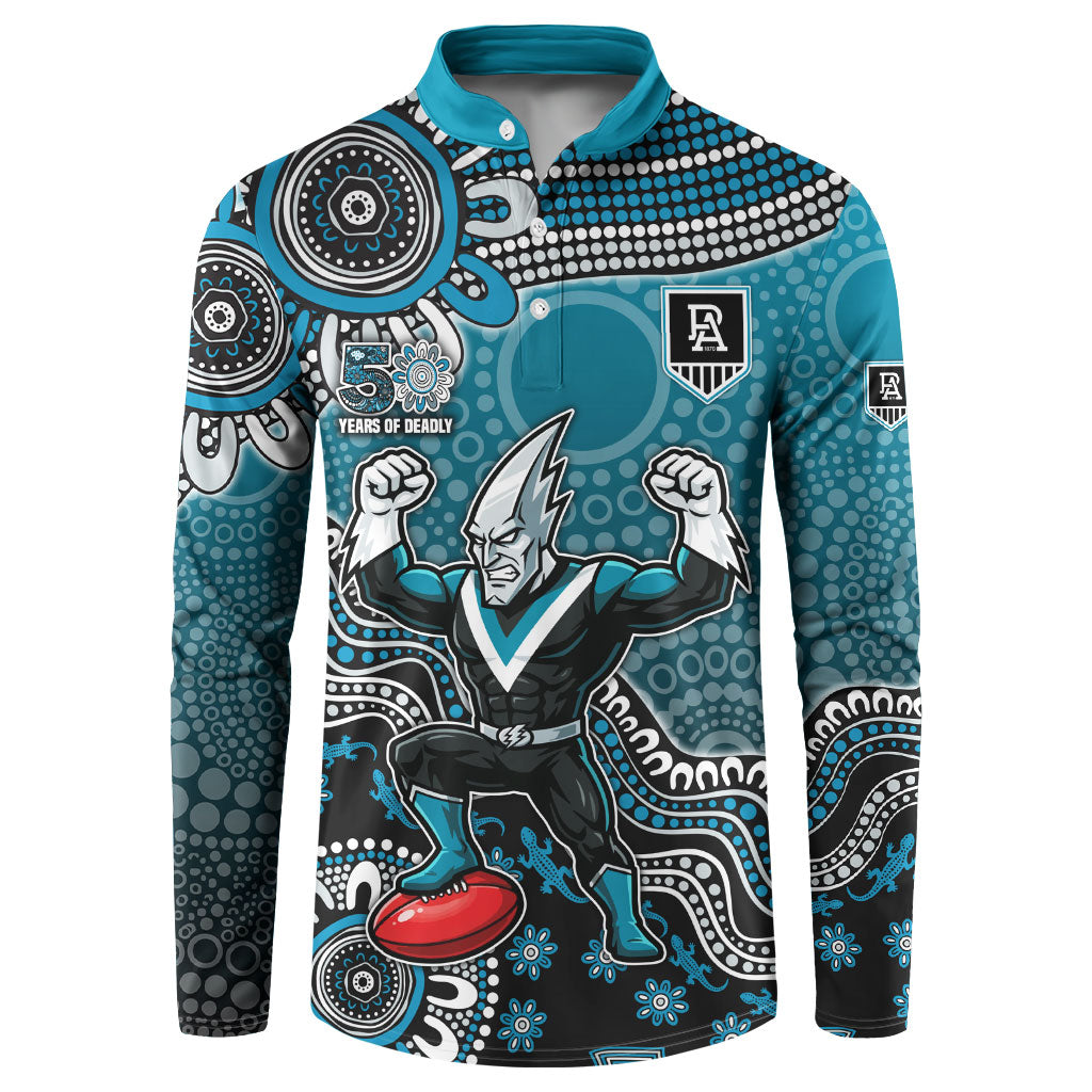 Personalized Port Adelaide Power Mascot Button Sweatshirt Aboriginal Dot Art Style Vibrant Indigenous Pattern Design