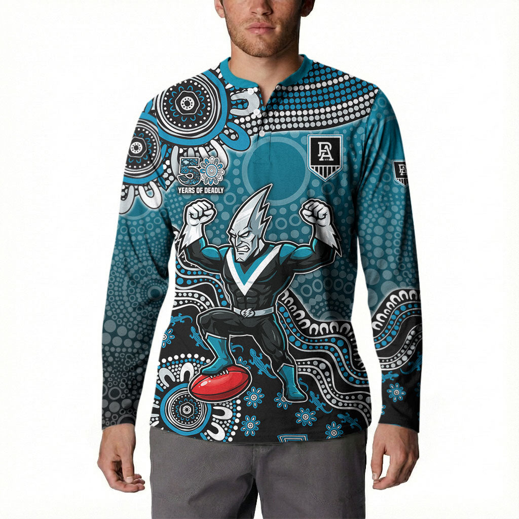 Personalized Port Adelaide Power Mascot Button Sweatshirt Aboriginal Dot Art Style Vibrant Indigenous Pattern Design