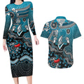 Personalized Port Adelaide Power Mascot Couples Matching Long Sleeve Bodycon Dress and Hawaiian Shirt Aboriginal Dot Art Style Vibrant Indigenous Pattern Design