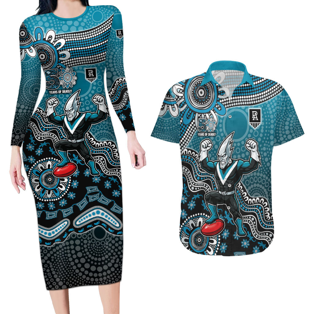 Personalized Port Adelaide Power Mascot Couples Matching Long Sleeve Bodycon Dress and Hawaiian Shirt Aboriginal Dot Art Style Vibrant Indigenous Pattern Design