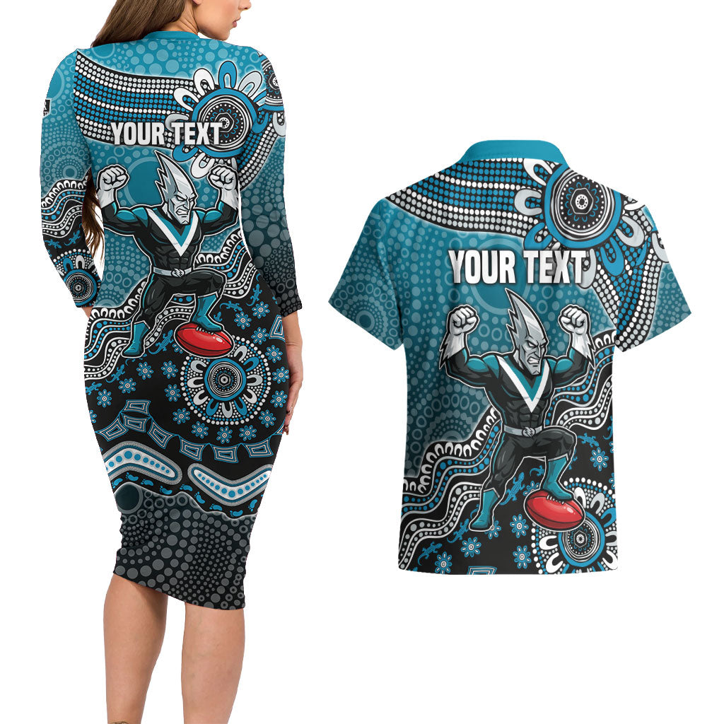 Personalized Port Adelaide Power Mascot Couples Matching Long Sleeve Bodycon Dress and Hawaiian Shirt Aboriginal Dot Art Style Vibrant Indigenous Pattern Design