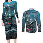 Personalized Port Adelaide Power Mascot Couples Matching Long Sleeve Bodycon Dress and Long Sleeve Button Shirt Aboriginal Dot Art Style Vibrant Indigenous Pattern Design