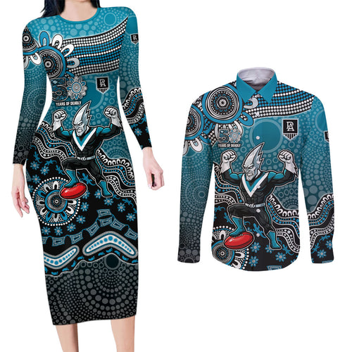 Personalized Port Adelaide Power Mascot Couples Matching Long Sleeve Bodycon Dress and Long Sleeve Button Shirt Aboriginal Dot Art Style Vibrant Indigenous Pattern Design