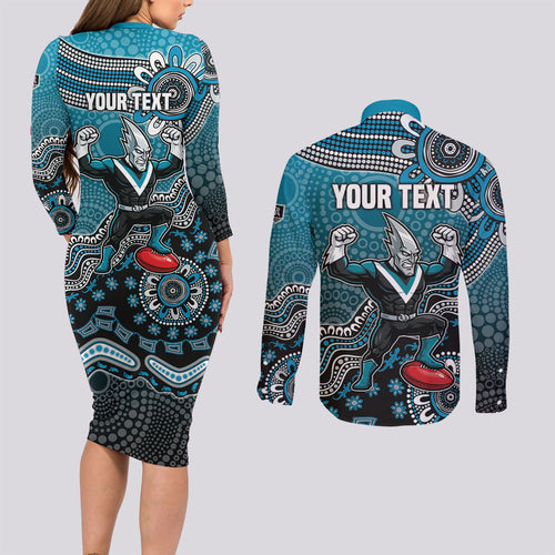 Personalized Port Adelaide Power Mascot Couples Matching Long Sleeve Bodycon Dress and Long Sleeve Button Shirt Aboriginal Dot Art Style Vibrant Indigenous Pattern Design