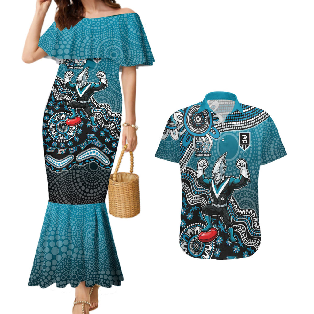 Personalized Port Adelaide Power Mascot Couples Matching Mermaid Dress and Hawaiian Shirt Aboriginal Dot Art Style Vibrant Indigenous Pattern Design