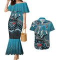 Personalized Port Adelaide Power Mascot Couples Matching Mermaid Dress and Hawaiian Shirt Aboriginal Dot Art Style Vibrant Indigenous Pattern Design