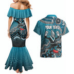 Personalized Port Adelaide Power Mascot Couples Matching Mermaid Dress and Hawaiian Shirt Aboriginal Dot Art Style Vibrant Indigenous Pattern Design