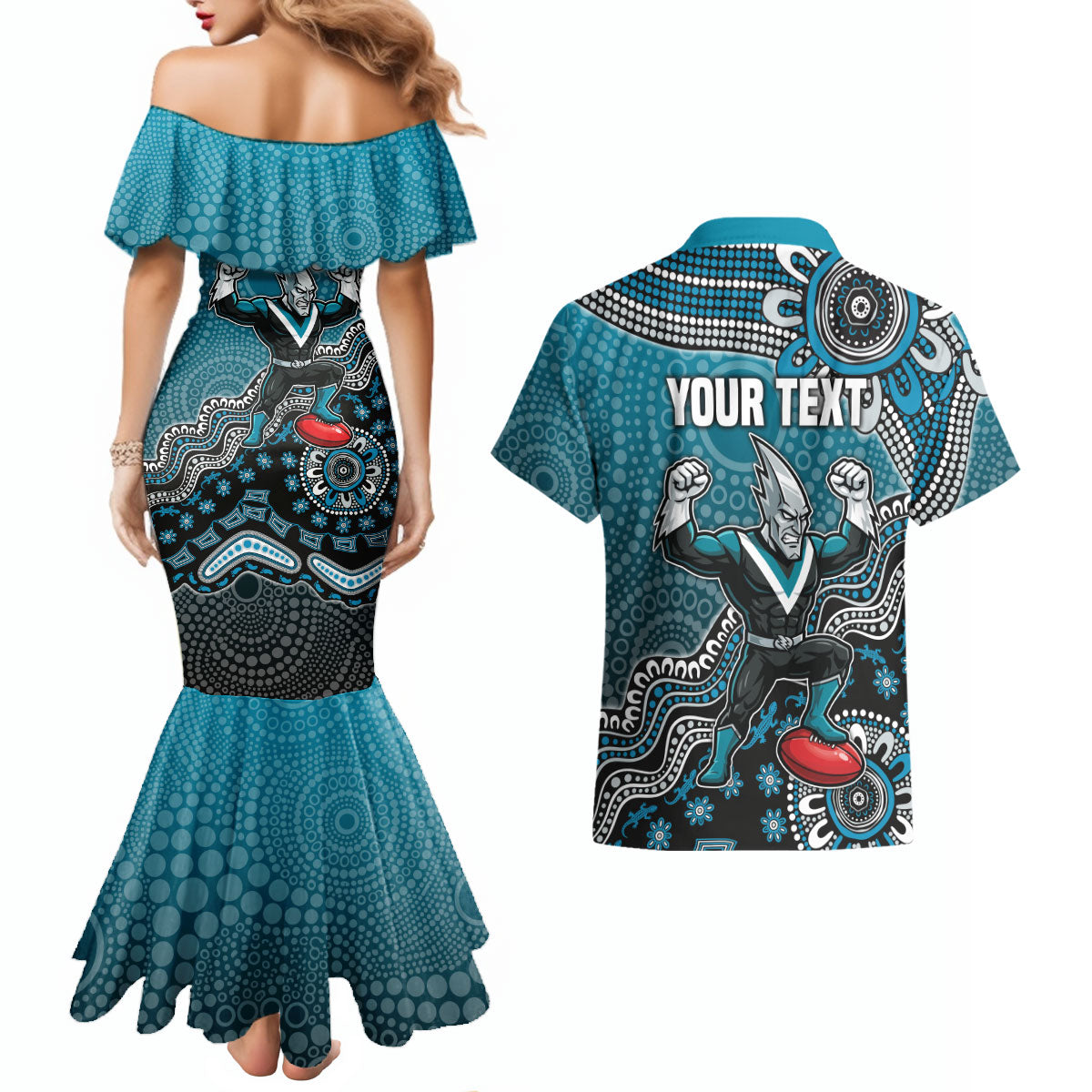 Personalized Port Adelaide Power Mascot Couples Matching Mermaid Dress and Hawaiian Shirt Aboriginal Dot Art Style Vibrant Indigenous Pattern Design