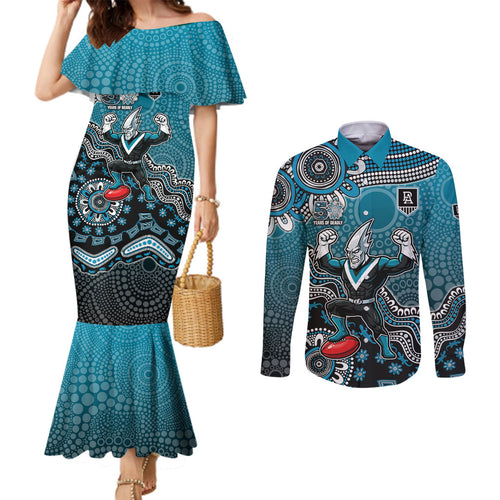 Personalized Port Adelaide Power Mascot Couples Matching Mermaid Dress and Long Sleeve Button Shirt Aboriginal Dot Art Style Vibrant Indigenous Pattern Design