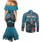 Personalized Port Adelaide Power Mascot Couples Matching Mermaid Dress and Long Sleeve Button Shirt Aboriginal Dot Art Style Vibrant Indigenous Pattern Design