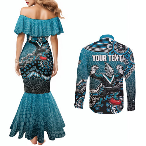 Personalized Port Adelaide Power Mascot Couples Matching Mermaid Dress and Long Sleeve Button Shirt Aboriginal Dot Art Style Vibrant Indigenous Pattern Design