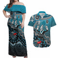 Personalized Port Adelaide Power Mascot Couples Matching Off Shoulder Maxi Dress and Hawaiian Shirt Aboriginal Dot Art Style Vibrant Indigenous Pattern Design