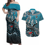 Personalized Port Adelaide Power Mascot Couples Matching Off Shoulder Maxi Dress and Hawaiian Shirt Aboriginal Dot Art Style Vibrant Indigenous Pattern Design