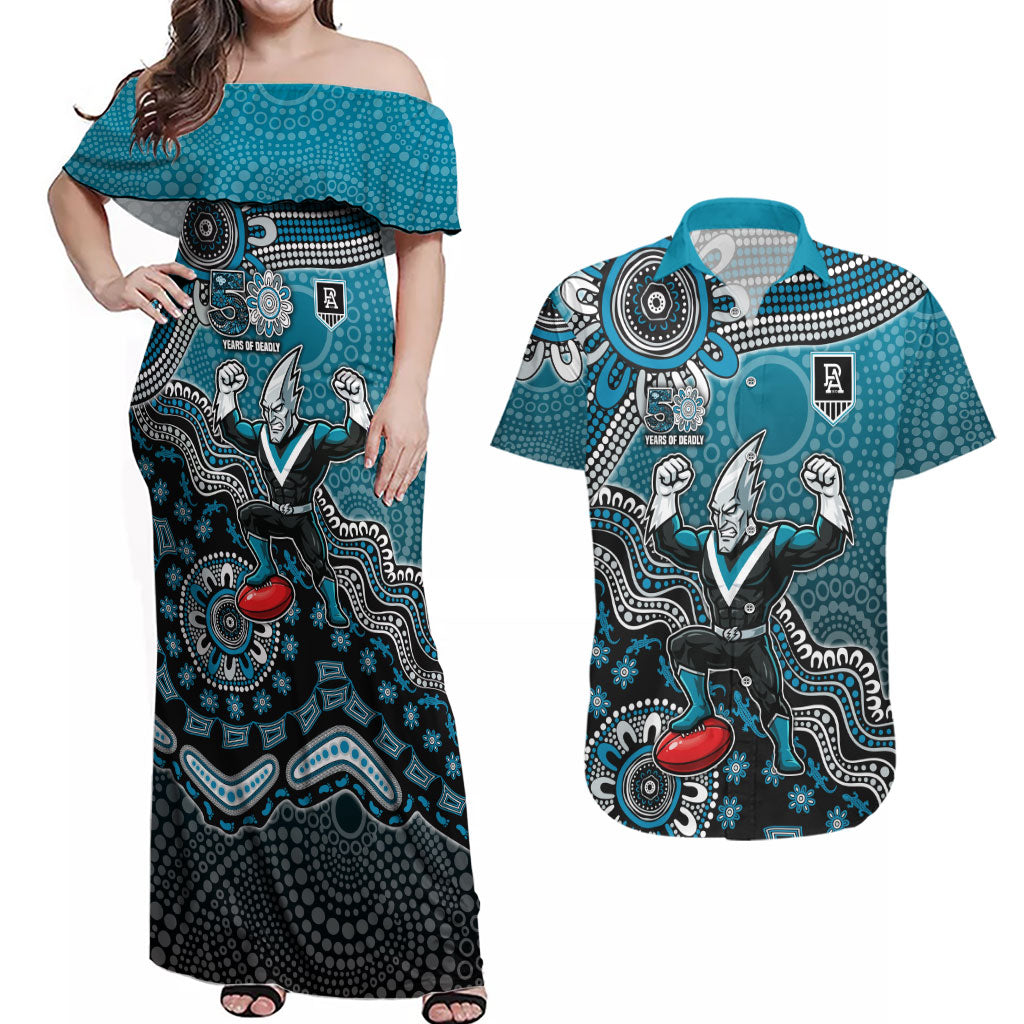 Personalized Port Adelaide Power Mascot Couples Matching Off Shoulder Maxi Dress and Hawaiian Shirt Aboriginal Dot Art Style Vibrant Indigenous Pattern Design
