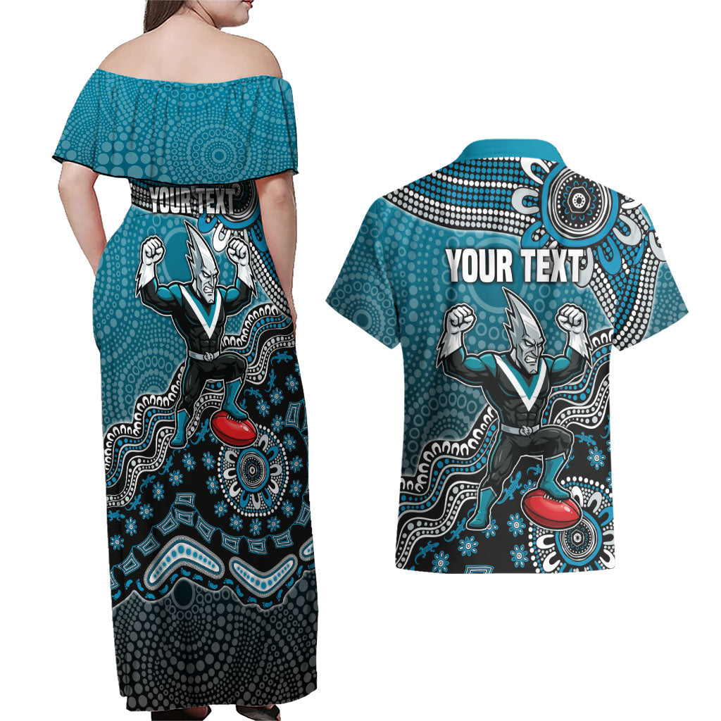 Personalized Port Adelaide Power Mascot Couples Matching Off Shoulder Maxi Dress and Hawaiian Shirt Aboriginal Dot Art Style Vibrant Indigenous Pattern Design