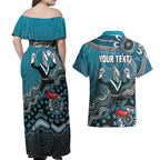 Personalized Port Adelaide Power Mascot Couples Matching Off Shoulder Maxi Dress and Hawaiian Shirt Aboriginal Dot Art Style Vibrant Indigenous Pattern Design