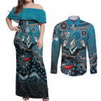 Personalized Port Adelaide Power Mascot Couples Matching Off Shoulder Maxi Dress and Long Sleeve Button Shirt Aboriginal Dot Art Style Vibrant Indigenous Pattern Design