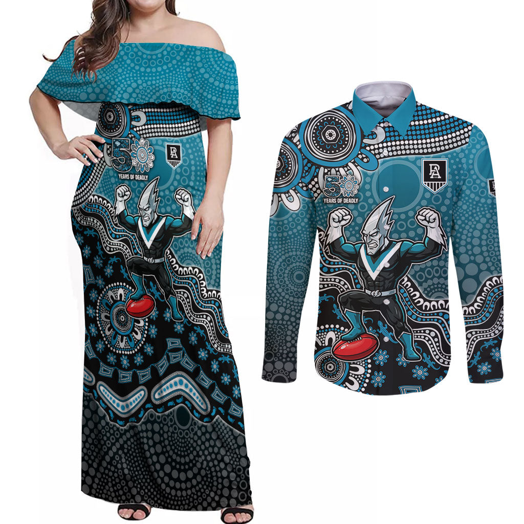 Personalized Port Adelaide Power Mascot Couples Matching Off Shoulder Maxi Dress and Long Sleeve Button Shirt Aboriginal Dot Art Style Vibrant Indigenous Pattern Design