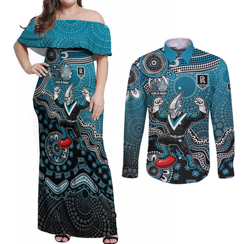 Personalized Port Adelaide Power Mascot Couples Matching Off Shoulder Maxi Dress and Long Sleeve Button Shirt Aboriginal Dot Art Style Vibrant Indigenous Pattern Design