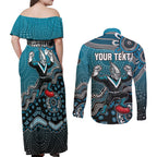 Personalized Port Adelaide Power Mascot Couples Matching Off Shoulder Maxi Dress and Long Sleeve Button Shirt Aboriginal Dot Art Style Vibrant Indigenous Pattern Design